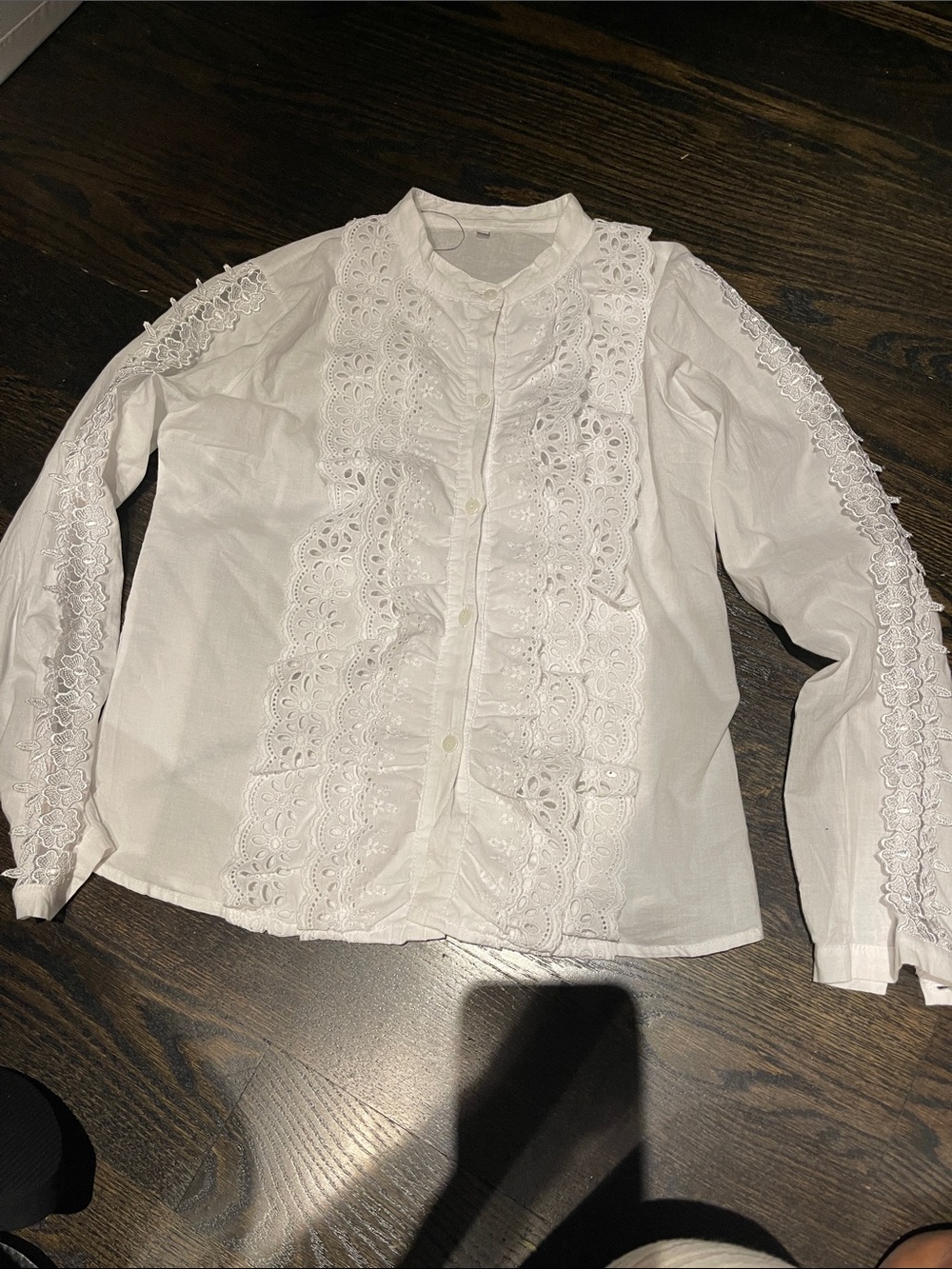 White Lace-Trim Button-Up Blouse